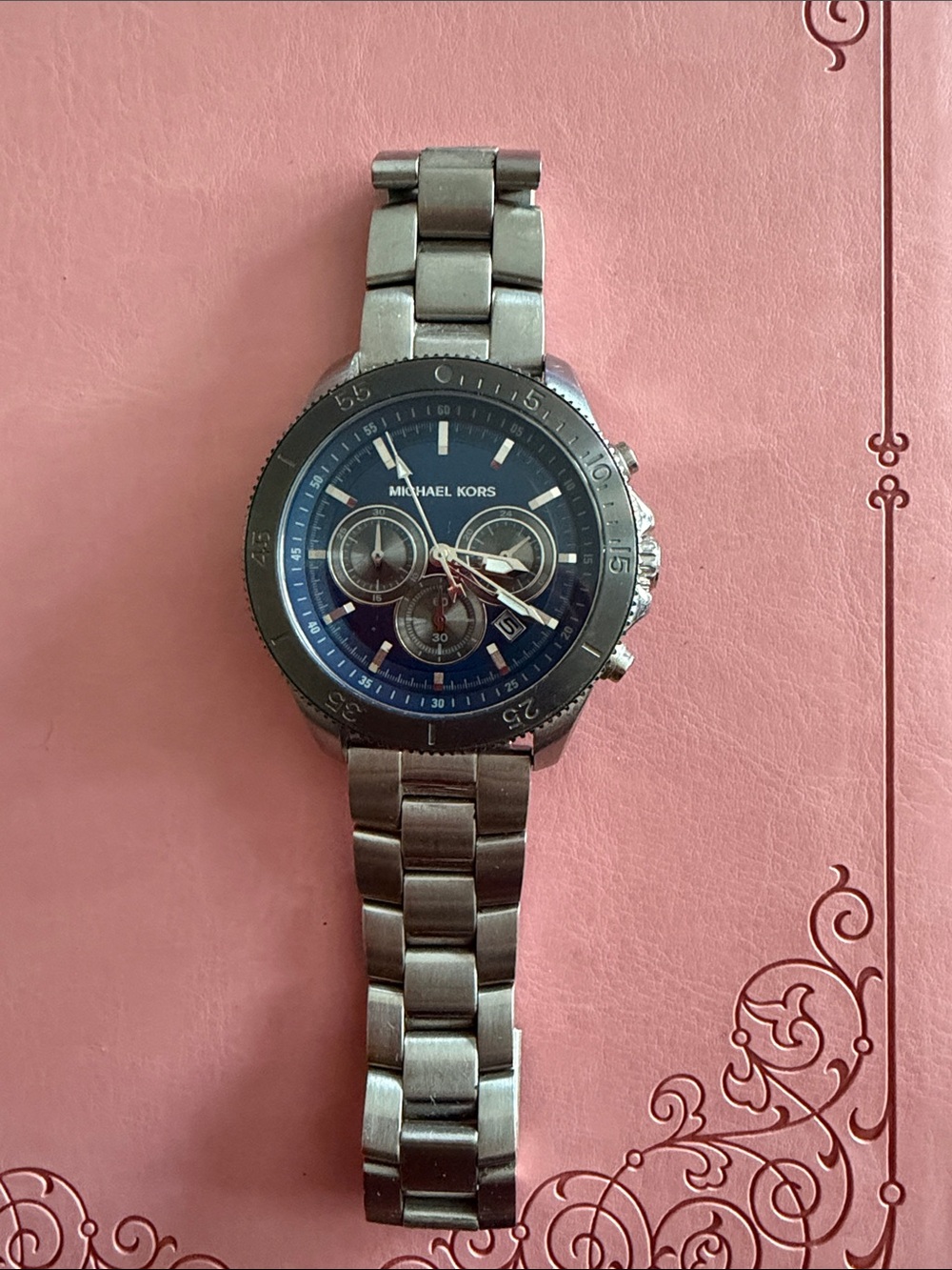 Michael Kors Silver Stainless Steel Watch with Blue Dial